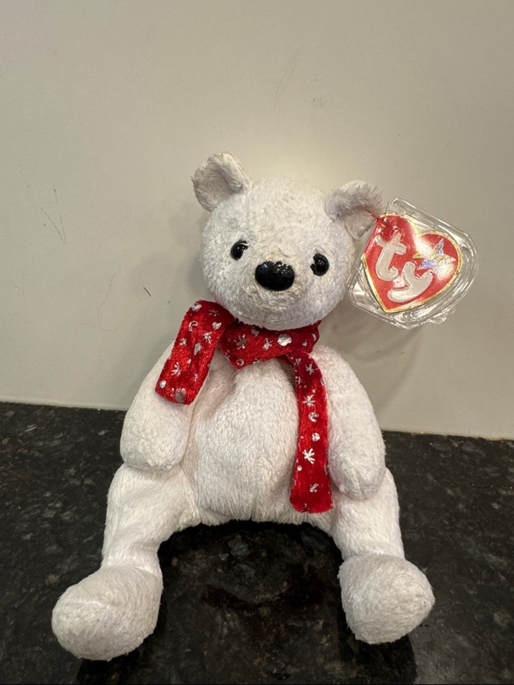 TY 2000 White Holiday Christmas Teddy Bear 7" Bean Bag Stuffed Toy 1990's NEW